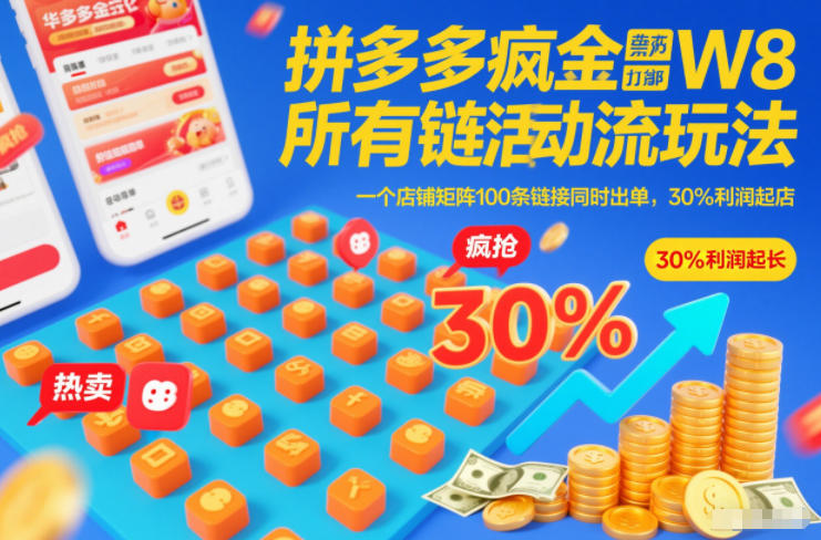 拼多多疯狂活动流玩法，所有链接全部打标，一个店铺矩阵100条链接同时出单，30%利润起店-朽念云创