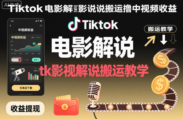 Tiktok电影解说搬运撸中视频收益，tk影视解说搬运教学-朽念云创