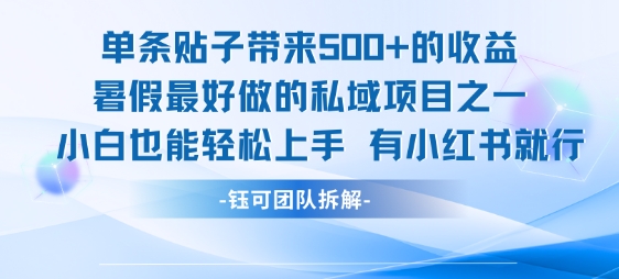 单条贴子带来5张的收益，暑假最好做的私域项目之一，小白也能轻松上手，有小红书就行-朽念云创