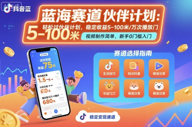 抖音蓝海赛道，轻松过伙伴计划，视频制作简单，万次播放收益在5-100米，稳定收益-朽念云创