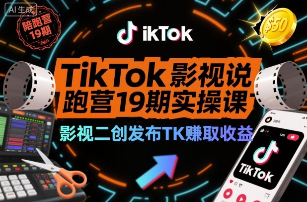 TikTok影视解说陪跑营19期实操课，影视二创发布TK賺取收益，万播收益50美金-朽念云创