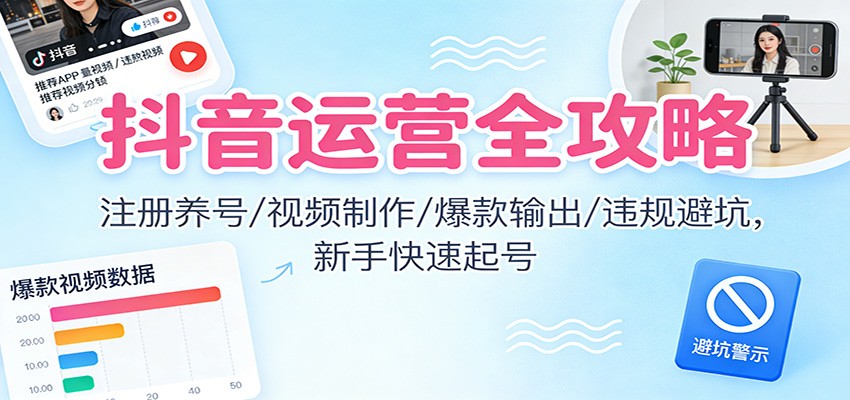抖音运营全攻略:注册养号/视频制作/爆款输出/违规避坑,新手快速起号-朽念云创