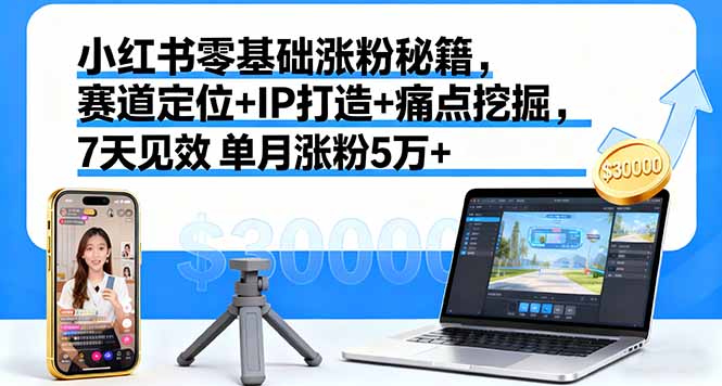 小红书零基础涨粉秘籍，赛道定位+IP打造+痛点挖掘，7天见效 单月涨粉5万+-朽念云创