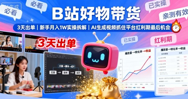 B站好物带货，3天出单，新手月入1W实操拆解，AI生成视频，抓住平台红利期最后机会-朽念云创