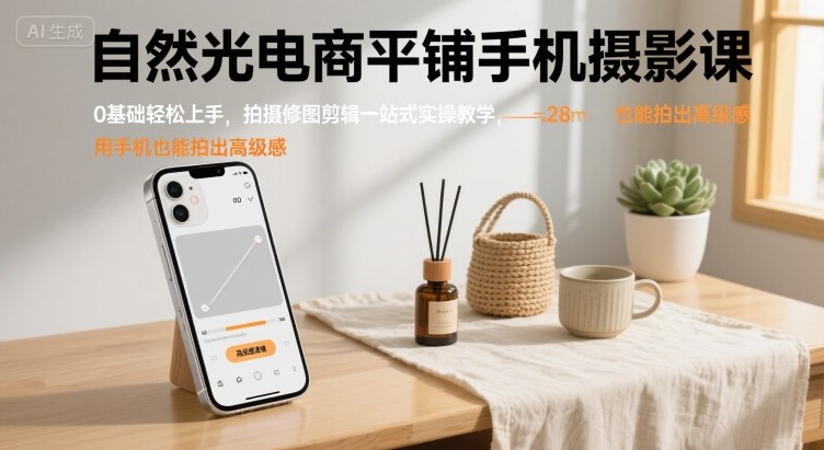 自然光电商平铺手机摄影课,0基础轻松上手,拍摄修图剪辑一站式实操教学,用手机也能拍出高级感-朽念云创