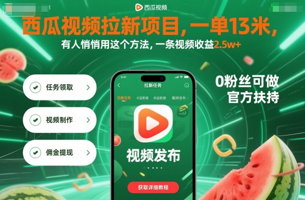 西瓜视频拉新项目，一单13米，有人悄悄用这个方法，一条视频收益2.5w+(附详细教程)-朽念云创