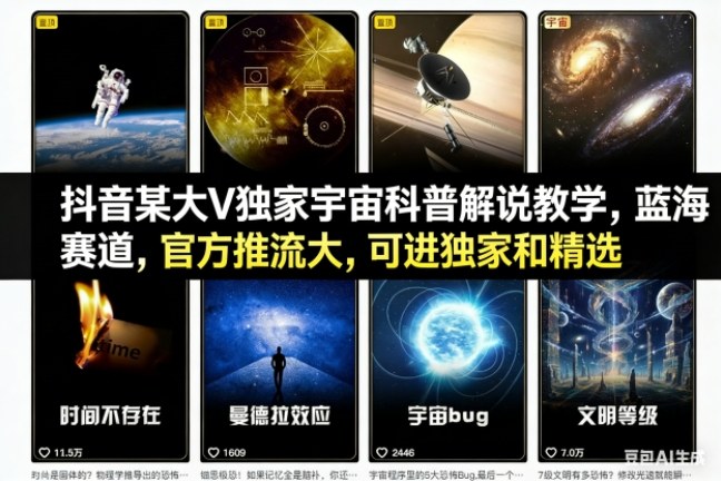 抖音某大V独家宇宙科普解说教学,蓝海赛道,官方推流大,可进独家和精选-朽念云创