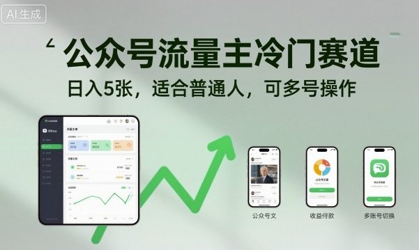 公众号流量主冷门赛道，日入5张，适合普通人，可多号操作-朽念云创