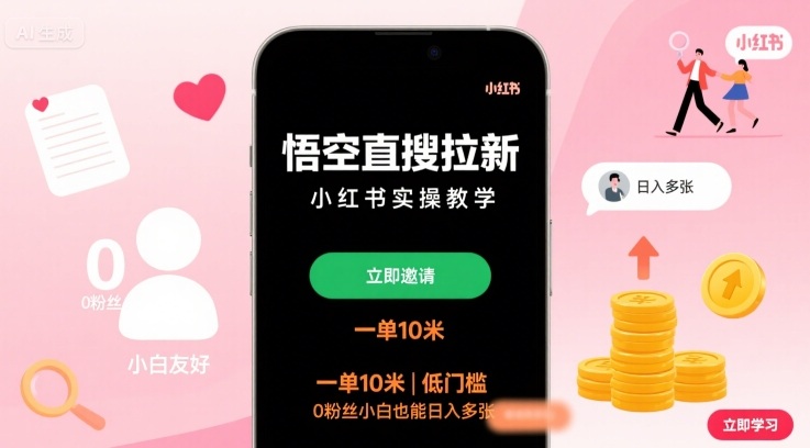 悟空直搜拉新小红书实操教学，一单10米，低门槛，0粉丝小白也能日入多张-朽念云创