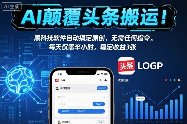 AI颠覆头条搬运！黑科技软件自动搞定原创，无需任何指令。每天仅需半小时，稳定收益3张【揭秘】-朽念云创