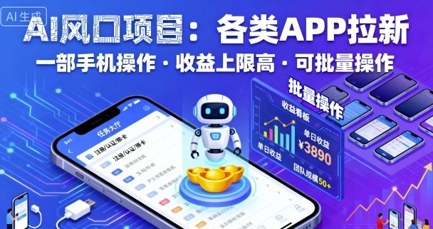 AI风口项目，各类APP拉新，一部手机就可以操作，收益上限高，可批量操作-朽念云创