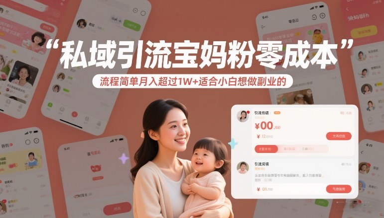 私域引流宝妈粉零成本流程简单月入超过1W+适合小白想做副业的-朽念云创