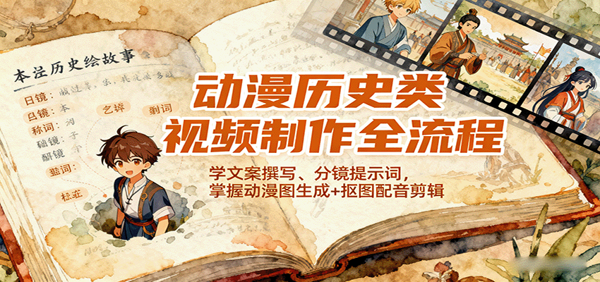 动漫历史类视频制作全流程，学文案撰写、分镜提示词，掌握动漫图生成+抠图配音剪辑-朽念云创