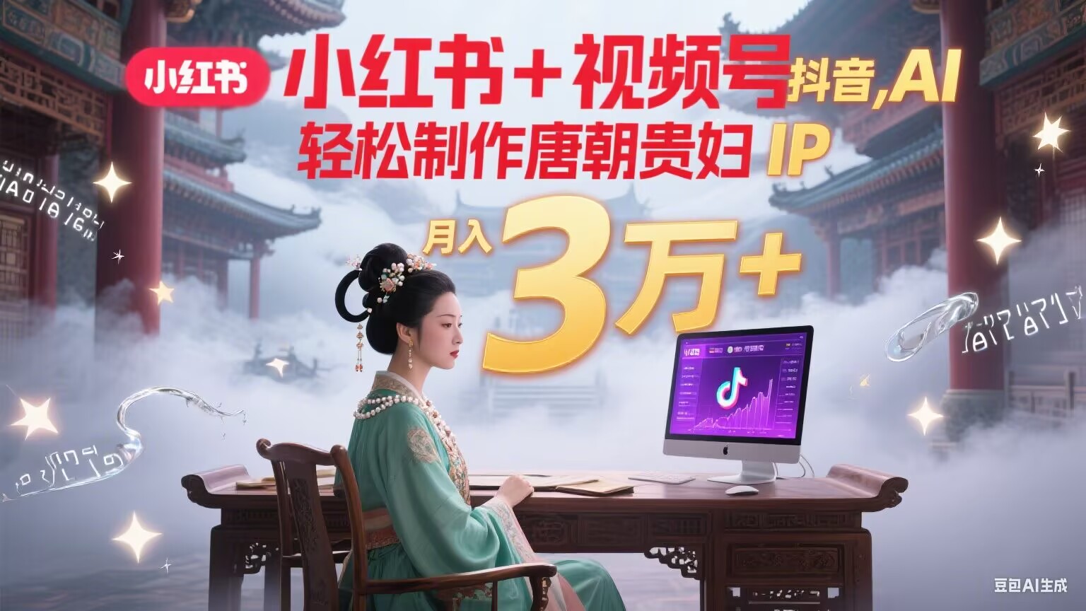小红书+视频号+抖音，AI轻松制作唐朝贵妇IP，毒鸡汤、励志、减肥瘦身、养生赛道轻松切入，每天30分钟，轻松产出N条，月入3万+-朽念云创