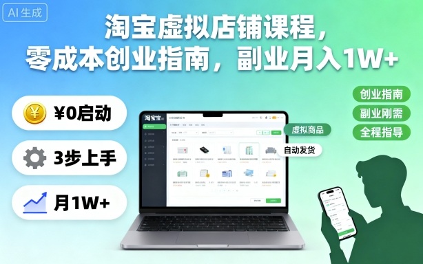 淘宝虚拟店铺课程，零成本创业指南，副业月入1W+-朽念云创