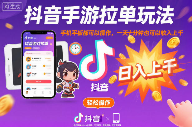 抖音手游拉单玩法，手机平板都可以操作，一天十分钟也可以收入上K【揭秘】-朽念云创