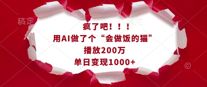疯了吧!用AI做了个“会做饭的猫”,播放200万,单日变现1k-朽念云创
