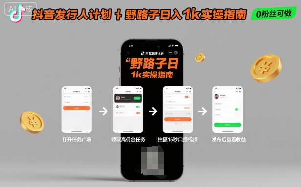 抖音发行人计划全新野路子玩法，随时随地，只要有手机，就能操作，日入1k+【揭秘】-朽念云创