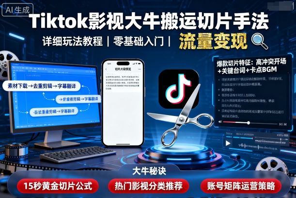 Tiktok影视大牛搬运切片手法,详细玩法教程-朽念云创