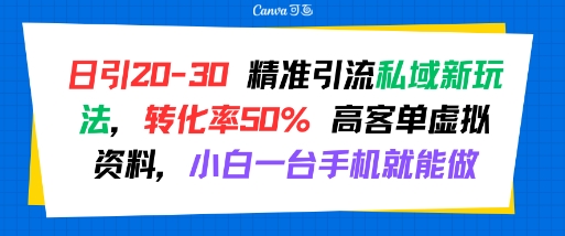 日引 20-30 精准引流私域新玩法，转化率50% 高客单虚拟资料，小白一台手机就能做-朽念云创