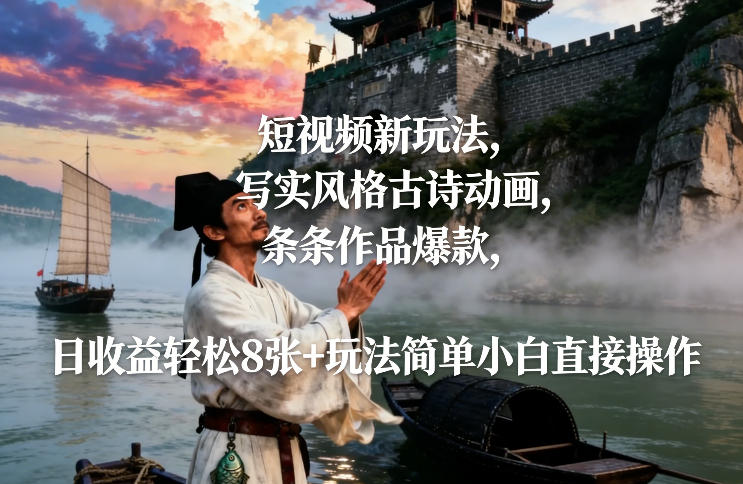短视频新玩法，写实风格古诗动画，条条作品爆款，日收益轻松8张+玩法简单小白直接操作-朽念云创