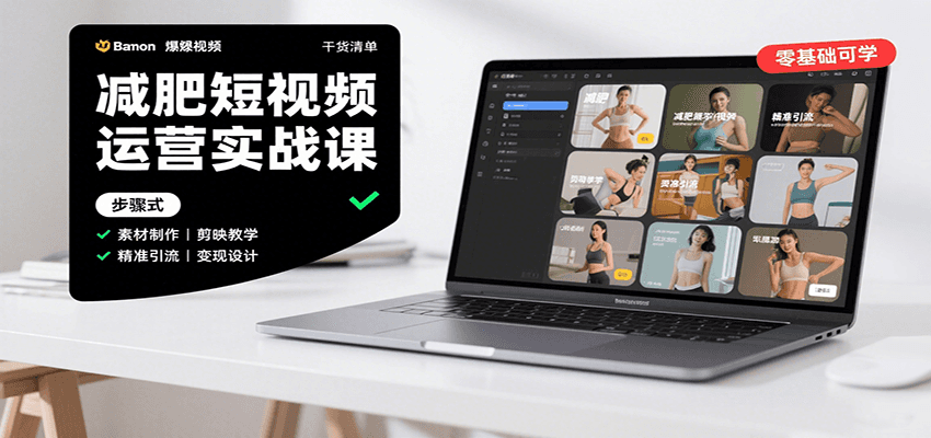 减肥短视频运营实战课：含素材制作、剪映教学，讲精准引流、变现设计与内容模板技巧-朽念云创