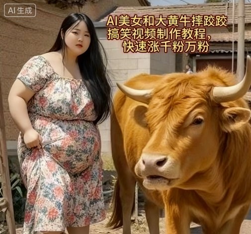 AI美女和大黄牛摔跤搞笑荒诞视频制作教程，快速涨千粉万粉-朽念云创