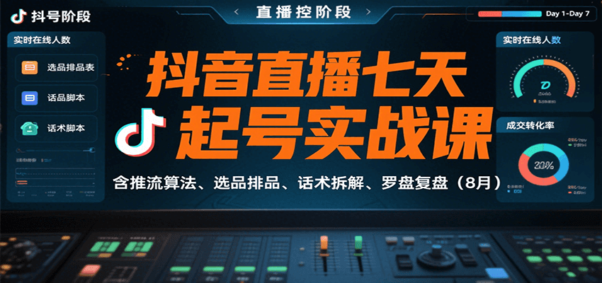 抖音直播七天起号实战课：含推流算法、选品排品、话术拆解、罗盘复盘(8月)-朽念云创