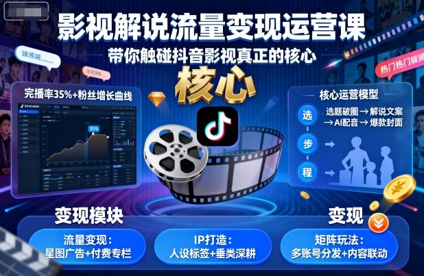 影视解说流量变现运营课，带你触碰抖音影视真正的核心-朽念云创