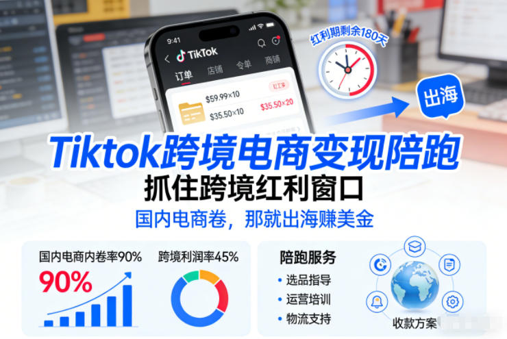 Tiktok跨境电商变现陪跑，抓住跨境红利窗口，国内电商卷，那就出海賺美金-朽念云创
