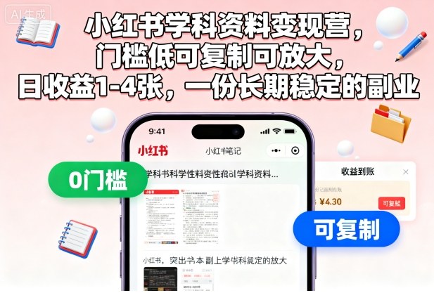 小红书学科资料变现营，门槛低可复制可放大，日收益1-4张，一份长期稳定的副业-朽念云创