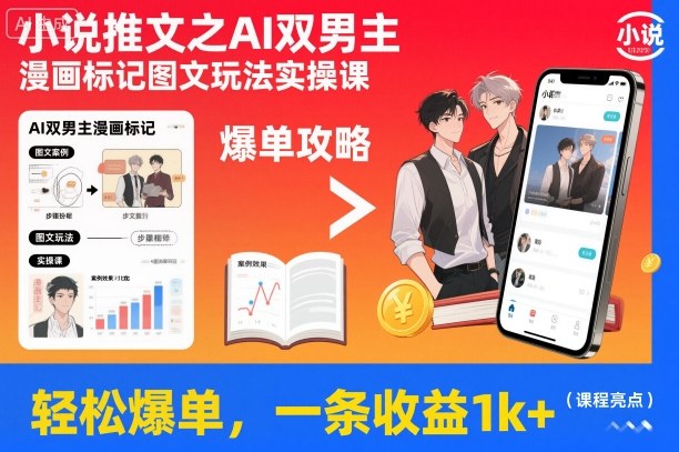 小说推文之AI双男主漫画标记图文玩法实操课，轻松爆单，一条收益1k+-朽念云创