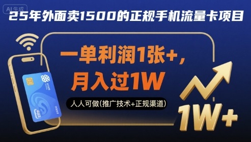 25年外面卖1500的正规手机流量卡项目，一单利润1张+，月入过1W，人人可做(推广技术+正规渠道)【揭秘】-朽念云创