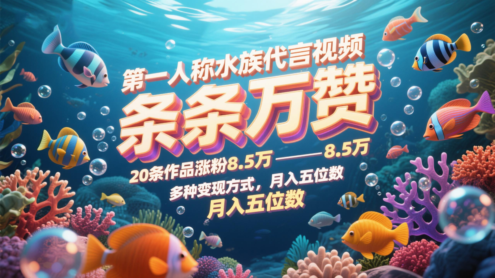 第一人称水族代言视频，条条万赞，20条作品涨粉8.5万，多种变现方式月，入五位数-朽念云创