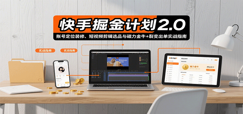 快手掘金计划2.0，账号定位装修、短视频剪辑选品与磁力金牛+裂变出单实战指南-朽念云创