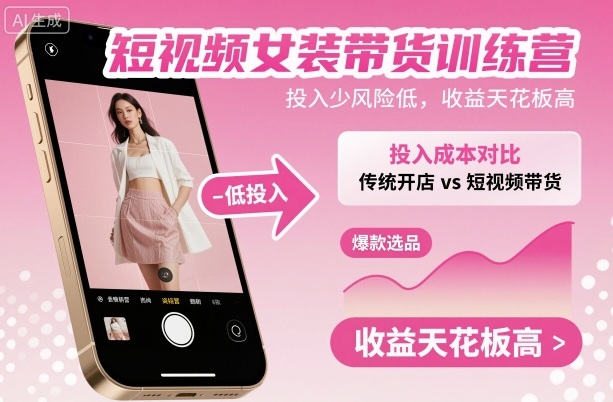 短视频女装带货训练营，投入少风险低，收益天花板高-朽念云创