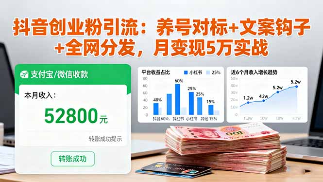 抖音创业粉引流：养号对标+文案钩子+全网分发，月变现5万实战-朽念云创