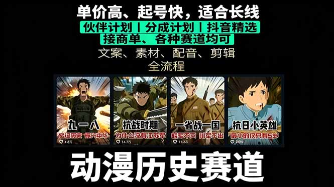 历史动漫赛道撸分成：起号、文案、素材、配音、剪辑，单视频收益破万-朽念云创