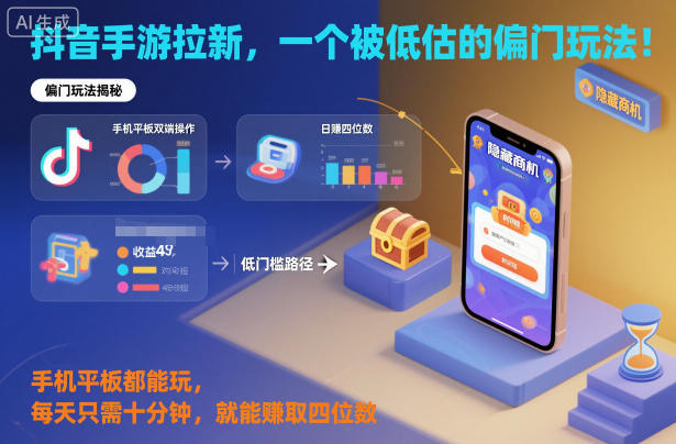 抖音手游拉新，一个被低估的偏门玩法！手机平板都能玩，每天只需十分钟，就能賺取四位数【揭秘】-朽念云创