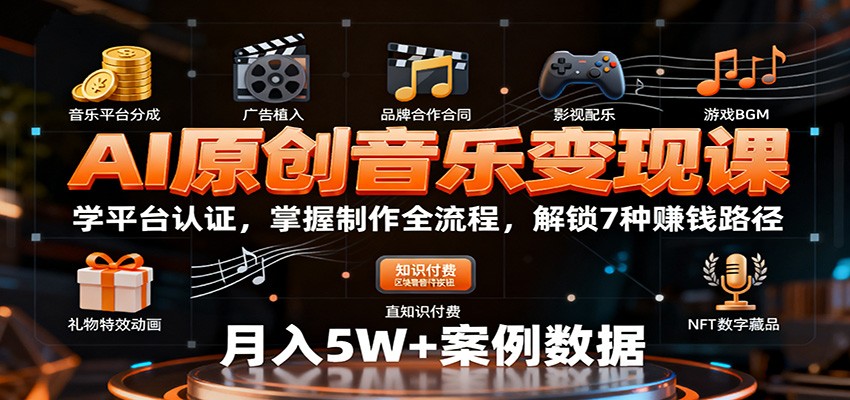 AI原创音乐变现课：学平台认证，掌握制作全流程，解锁7种赚钱路径-朽念云创