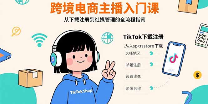跨境电商主播入门课,TikTok下载注册,支付工具配置,社媒账号管理全流程-朽念云创