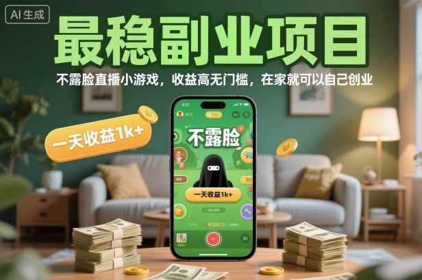 最稳副业项目，不露脸直播小游戏，收益高无门槛，一天收益1k+，在家就可以自己创业【揭秘】-朽念云创