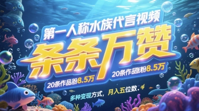 第一人称水族代言视频，条条万赞，20条作品涨粉7.8W，多种变现方式月入五位数-朽念云创